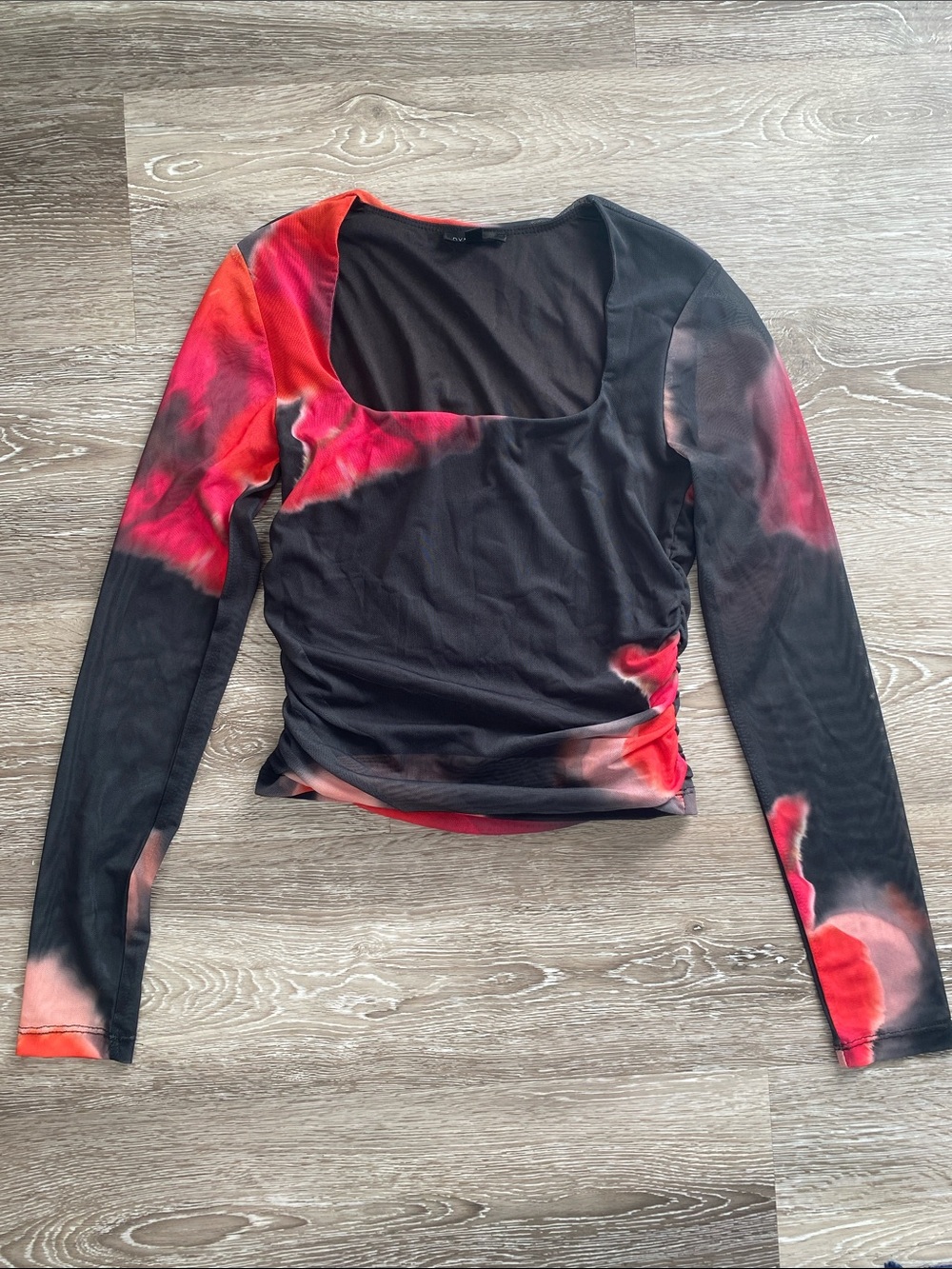Dynamite Black Mesh Long Sleeve Top with Red Tie-Dye Accents